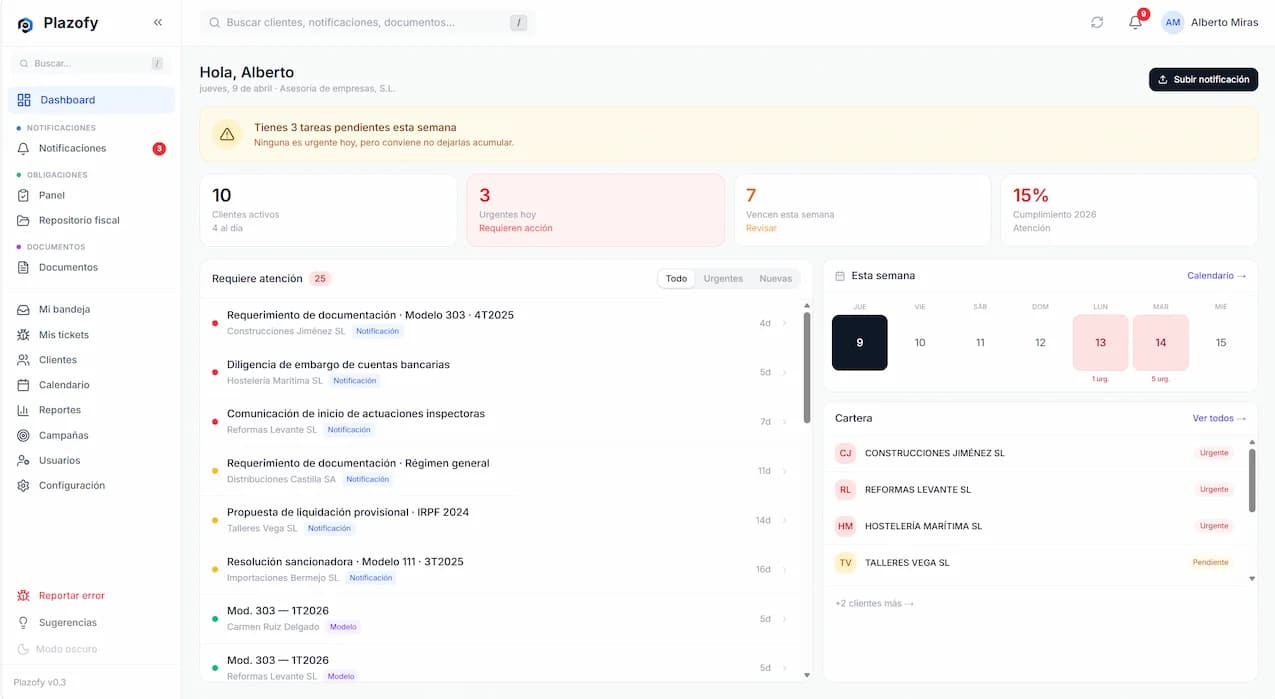 Panel multi-cliente de Plazofy mostrando notificaciones urgentes de la AEAT con semáforo de prioridades